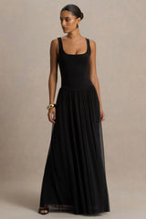 Amelia Black Scoop Neck Maxi Dress With Pleated Skirt