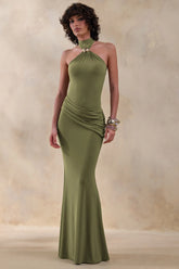 Polina Olive High Neck Maxi Dress With Drape And Gold Detail