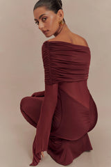 Kaitlin One Shoulder Slinky And Mesh Maxi Dress Burgundy