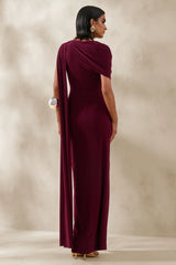 Palomara Burgundy Round Neck Maxi Dress With Sash And Front High Split