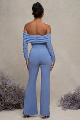 Count Down Powder Blue Maternity Ruched Mesh Bardot Jumpsuit