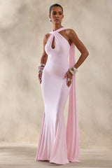 Rhoda Light Pink Twist Halter Neck Cape Maxi Dress