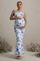Lita Blue Floral Print Twisted Asymmetric Maternity Maxi Dress