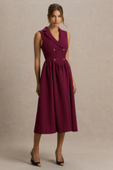 Lisa Burgundy Plunge Neck Tailored Midi Dress With Button Detailing