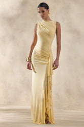 Helessia Lemon Asymmetric Neck Maxi Dress With Gathered Detailing And Sash