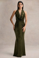 Lavernia Olive Velvet Halter Neck Maxi Dress With Gathered Detailing
