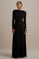 Aniyah Black High Neck Maxi Dress With Ruched Detailing