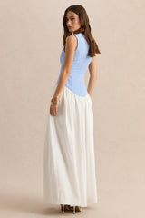 Iliana Powder Blue And White Crew Neck Maxi Dress With Drop Waist And Pleated Skirt