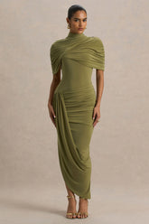 Enchant Olive Asymmetric Twisted Cape Midi Dress