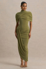 Enchant Olive Asymmetric Twisted Cape Midi Dress