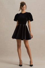 Priya Black Velvet Mini Dress With Puff Sleeves