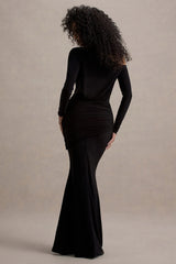 Deanna Black Asymmetric Long Sleeve Ruched Maxi Dress