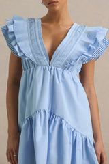 Judie Blue Poplin V Neck Ruffled Mini Dress
