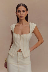 Loretta Cap Sleeve Denim Top Ecru