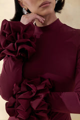 Jaselle Dark Plum High Neck Maxi Dress With Ruffled Satin Cuffs
