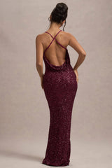 Cosmic Berry Sequin Square Neck Strappy Maxi Dress