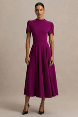Vicky Mulberry High Neck Midi Dress With Puff Sleeves