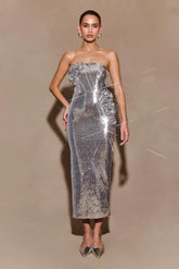 Cassia Strapless Sequin Rose Midi Dress Silver