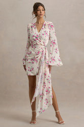 Goldie Cream Floral Print Chiffon Long Sleeve Wrap Mini Dress