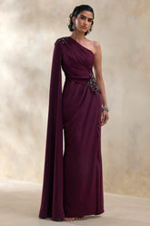 Solace Dark Plum Asymmetric Neck Maxi Dress With Front High Split