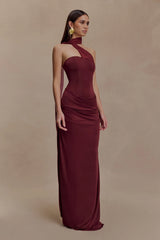 Mattea Slinky And Mesh Maxi Dress With Scarf Burgundy
