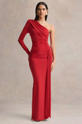 Anne Red Asymmetric Neck Wrapped Maxi Dress With Sash