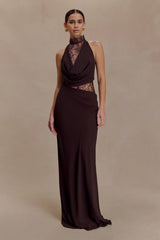 Arra Chiffon And Lace Halter Maxi Dress Cacao Brown