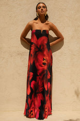 Bergamot Black And Red Floral Print Satin Sweetheart Maxi Dress