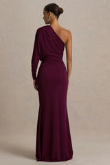 Lola Burgundy Asymmetric Neck Maxi Dress With Ruched Detailing And Front High Split