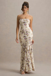 Callie Lemon Floral Print Bandeau Fishtail Maxi Dress