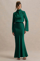 Celina Bottle Green Satin High Neck Maxi Dress