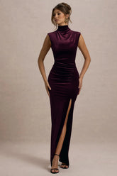 Abilene Port Velvet High Neck Split Maxi Dress