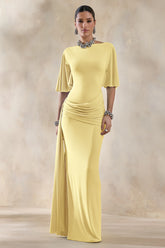 Emerelle Lemon Wide Neck Maxi Dress With Sash And Draped Detailing