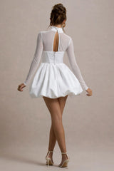 Tinkerbell White Satin Long Sleeve Puffball Mini Dress