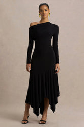 Isola Black Asymmetric Neck Midi Dress With Hanky Hem