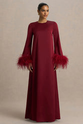 Adella Burgundy Satin Feather Trim Maxi Dress
