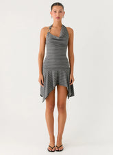 Bad Alive Halter Hanky Mini Dress Grey Marle Stripe