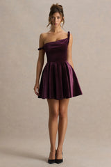 Leticia Burgundy Velvet Asymmetric Neck Velvet Mini Dress With Twist Sleeve