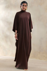 Lumisette Brown Satin High Neck Maxi Dress With Cape