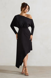 Lori Black Asymmetric Long Sleeve Maxi Dress