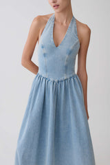 Miller Denim Halter Midi Dress Classic Blue