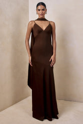Starling Brown Matte Satin Plunge Neck Maxi Dress With Scarf Detail