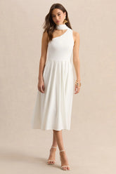 Odette White Asymmetric Neck Midi Dress With Scarf