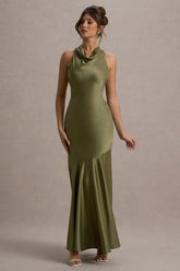 Amelita Khaki Satin Cowl Neck Maxi Dress