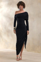 Franca Black Asymmetric Neck Midi Dress With Draped And Gathered Detailing