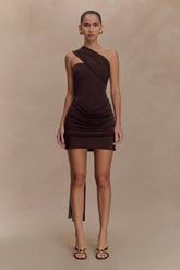 Mattea Slinky And Mesh Mini Dress With Scarf Dark Chocolate