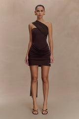 Mattea Slinky And Mesh Mini Dress With Scarf Dark Chocolate