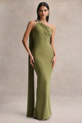 Mandy Olive Asymmetric Neck Maxi Dress With Gold Detail