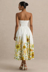 Ivory Sunflower Print Bandeau High Low Midi Dress