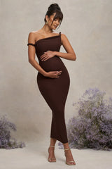 Salome Chocolate Brown Twisted Asymmetric Maternity Midi Dress